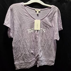 NWT Como Blu Sundays Heart Graphic Front Knot Tee Lavender Softcore Casual Sz L
